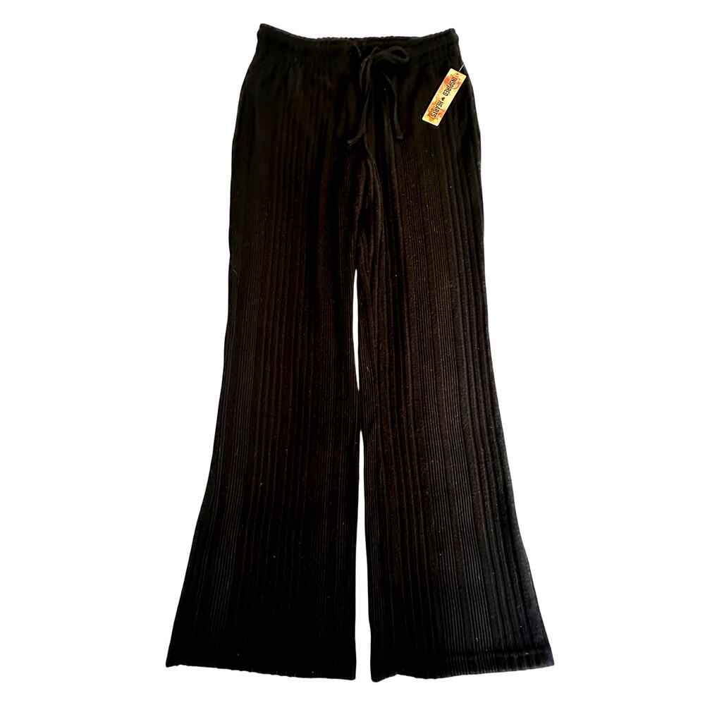 Black Ribbed Lounge Pants Drawstring Wide Leg